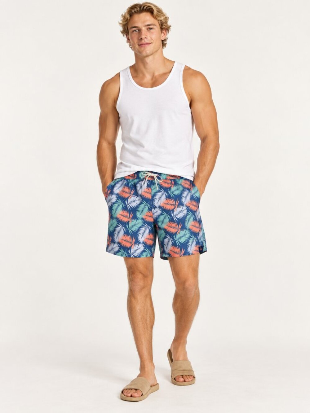 Beach vacation ready Navy Swim Shorts with Coral & Mint Leaf Print